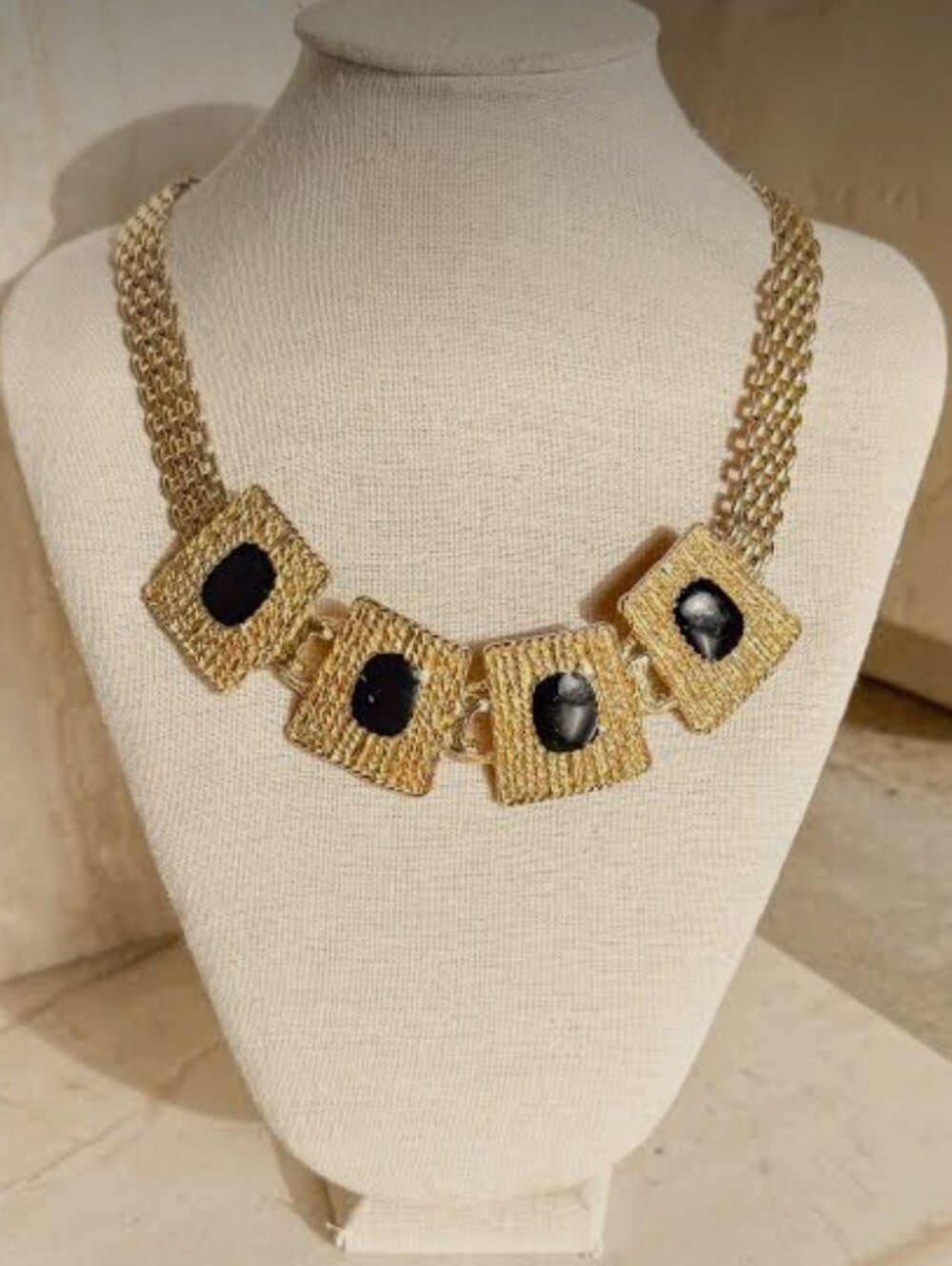 Vintage Gold Tone Black Enamel Chain Link Necklace with Black Cabochons